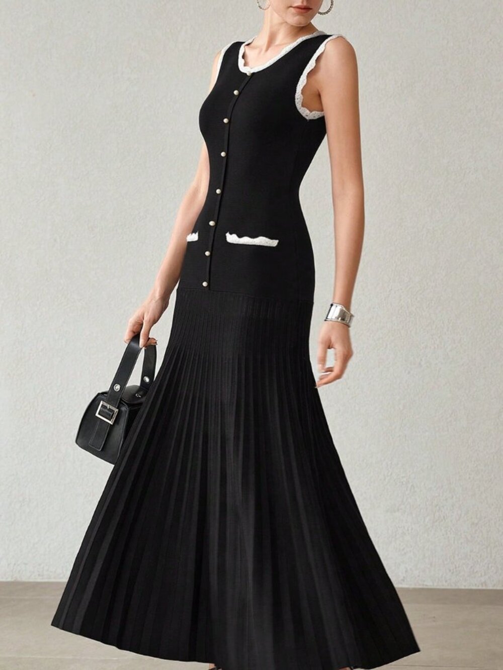 Black Elegant Women's Contrast Trim Pleated Hem Sweater Dress - Picture 1 of 7